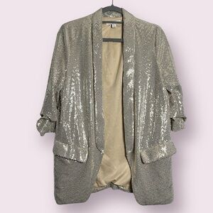 C by One Silver Sequined 3/4 Sleeve Long Line Blazer XS